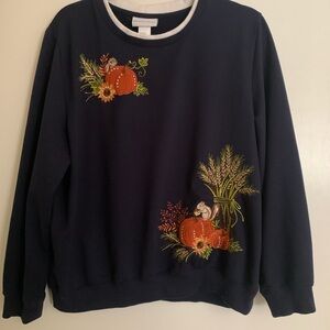 Alfred Dunner Navy Sweater with Pumpkin and Harvest Embroidery